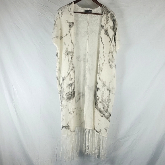 Wooden Ships‎ Marble Tie Dye Open Front Longline Fringe Cardigan - Picture 1 of 7
